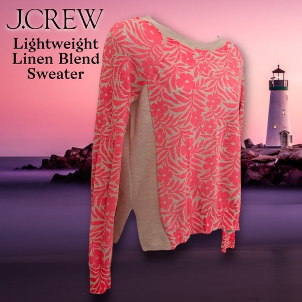 J.Crew Lightweight Linen Blend Sweater With Coral Pink Floral Print & Sand Color